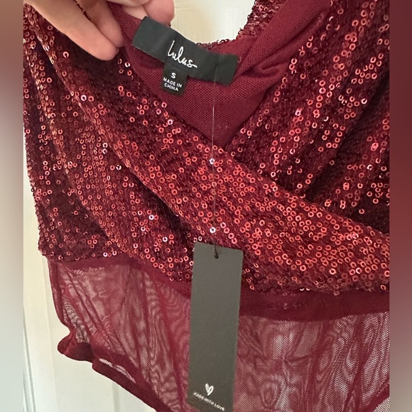 LULUS Evening Of Wonder Burgundy Sequin Cowl Back Bodysuit! - Picture 9 of 10